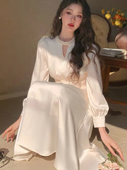 Lunivop Elegant French Satin Vintage Midi Dress Spring New Office Lady Lace-up Long Sleeves Slim Wasit Korean Chic Vestidos Basics