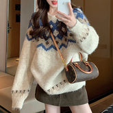 Lunivop Fair Isle Sweater for Women Thick Chunky Knit Long Sleeve Crew Neck Oversize Pullover Jumper Vintage Fall Winter Outfit