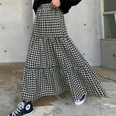Lunivop Maxi Gingham Skirt Women Ankle Length Cotton-linen Black & White Plaid Elastic Waist Tiered Pleated Long Skirt Ladies falds