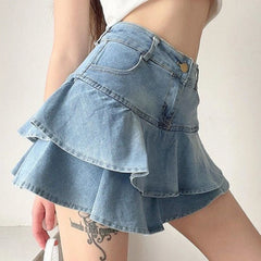 Lunivop Vintage Denim Skirt Shorts Women Summer Korean Fashion High Waist A-line Wash Blue Slim Cute Sexy Mini Jeans Ruffle Skirt Female