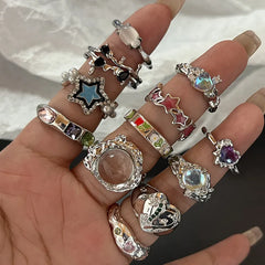 Lunivop Y2K Crystal Rings Kpop Heart Adjustable Ring Irregular Geometry Punk Vintage Rings Set for Women Girls New Fashion Jewelry