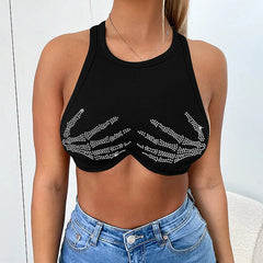 Lunivop Hand Diamond Rhinestone Knit Rib High Wasit Tank Crop Top Summer Casual Streetwear Sports Gym Yoga Clothes