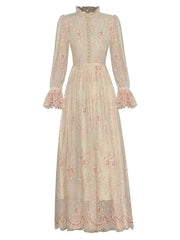 Lunivop Solid Lace Printing Design Women's Dresses Stand Collar High Waist Long Sleeve Elegant Dress Female Autumn 2025 New