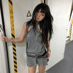 Lunivop Y2k Aesthetics Halter Dress Japanese 2000s Style Grey Striped Short Dress Vintage Harajuku Backless Mini Dress Grunge