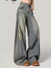 Lunivop Women Y2K Hole Jeans Streetwear American Retro High Waist Loose Denim Pants Casual Hip Hop Vintage Pockets Lady Gothic Trousers
