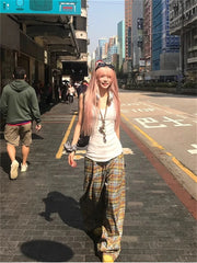 Lunivop American Style Dopaamine Checkered Wide Leg Pants Women Summer Vintage Loose Casual Drapey Long Trousers Fashionable Loose Fit