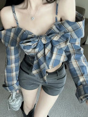 Lunivop Off Shoulder Bow Plaid Shirt Women Long Sleeve Slim Vintage Blouse Sexy Cropped Korean Female Sweet Retro Tops New Spring
