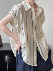 Lunivop Loose Women Striped Shirt Vintage Short Sleeve Casual Pocket Blouse French Retro Simple Female Summer Elegant Sweet Tops