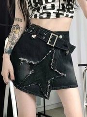 Lunivop Vintage Star Y2K Denim Skirt Women High Waist Harajuku Belt Black Mini Skirt American Streetwear Retro Summer Gothic Skirt