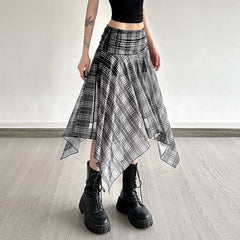 Lunivop Vintage Plaid Midi Skirt Women Y2K Streetwear Irregular Mesh Skirts Summer Gyaru Harajuku Korean High Waist A Line Faldas