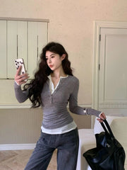 Lunivop Black Basic Fake Two Piece Women T-Shirts Long Sleeve Solid Color Korean Fashion Tees Harajuku Inner Bottoming Slim Sexy