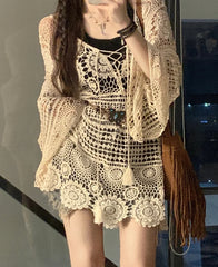 Lunivop Crochet Tunic Top Boho Women Summer Beach Wear Lantern Sleeve Tassel V-Neck Open Knit Top