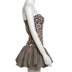Lunivop Spring New Sexy Y2k Clothes Women Fashion Leopard Printed Contrast Color Patchwork Puffy Dress Spaghetti Strap Dress