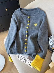 Lunivop Vintage Love Print Cardigan Women Lazy Wind Patchwork Long Sleeve Knitted Sweaters Casual O Neck Fall Retro Korean Female Tops