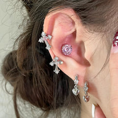 Lunivop 1pcs Shiny Cross Pink Zircon Silver Color 316L Stainless Steel Ear Bone Nail Y2K Hottie Earring for Women Cochlear accessories