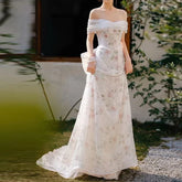Lunivop Temperament Slash Neck Mesh Short Sleeve Fairy Prom Dress Sweet Floral Printed Exquisite Sequin Mermaid Train Robe Bo formal dress