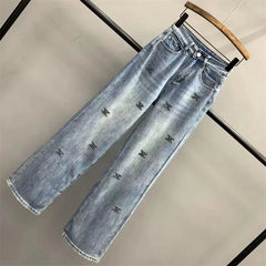 Lunivop Letter embroidery Hot Diamond Denim Wide leg Trousers Women's New High waisted Loose Straight leg Jeans Floor length Pants