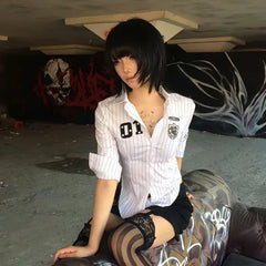 Lunivop Y2k Japanese Striped Shirt Women Three Quarter Print Graphic Tops 2000s Aesthetic Tops Japanese Summer Crop Tops Grunge