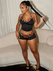 Lunivop Sexy Leopard Lace-Up 2 Piece-Set Female Patchwork Summer V-Neck Bandage Top And High Waist Contrast Shorts Outfits