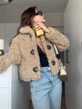 Lunivop Retro Lapel Lamb Wool Short Coats Women Casual Loose Metal Single Breasted Jackets Female Autumn Winter Chic High Street Tops