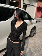 Lunivop Y2k Fake Two Piece V-neck All-match Shirts Women See Through Mesh Black Blusas Mujer 2025 Spring New Bottoming T-shirts