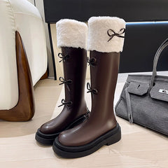 Lunivop Winter Short Plush Women Knee High Boots Ladies Fashion Bowknot Round Toe Thick Bottom Long Boots Retro Botas De Mujer