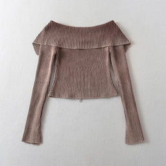 Lunivop American Retro Gradient Color Rib Knitted Off the Shoulder Cardigan Women Zipper Up Flare Sleeve Slim Stretch Knitwear Jumper