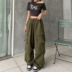 Lunivop Women Casual Joggers Tech Pants Solid Low Waist Pants Drawstring Wide Leg Baggy Trousers Y2k Streetwear Oversize Sweatpants
