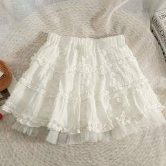 Lunivop Korean Version of Women's Lolita Elasticized Patchwork Gauze Lace Folds Fashion Solid Color Elegant Versatile Casual Skirts