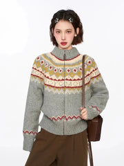 Lunivop Vintage Harajuku Print Cardigan Sweaters Women Soft Streetwear Long Sleeve Knitted Jacket Retro American Casual Zipper Gray Tops