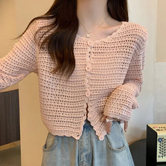 Lunivop Women Button Up Short Cardigan Knitted Shirt Hollow Out Crochet Crop Top Long Sleeved Thin Cover Up Teen-girl Casual Outfit