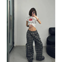 Lunivop Women Dark Academia Harajuku Fashion Gothic 2000s Aesthetic Plaid Pants Elastic Waist Pantalones Long Trousers Trashy Y2k Baggy