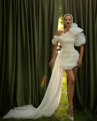 Lunivop Simple Mermaid Wedding Dresses Women's Sexy Off Shoulder Bridal Gowns Short Sleeve Pleat Satin Party Robes De Mariée 웨딩드레스