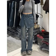 Lunivop Fake Two Pieces Distressed Loose Casual Jeans Women 2024 Autumn New Streetwear Fashion All Match Washed Denim Wide Leg Pants