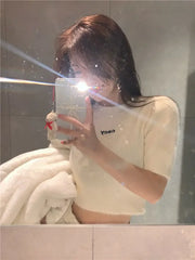 Lunivop White Knitted Hotsweet O Neck Sweaters Pullovers Oversleeve Women Crop Tops Mink Cashmere Y2k Letter Print Slim Fit High Waist