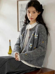 Lunivop Elegant Floral Gray Cardigan Women Lazy Wind Long Sleeve Sweet Knitted Sweaters Vintage Japan Casual O Neck Female Retro Tops