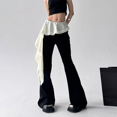 Lunivop Lace Patchwork Lace Up Pants for Women New Slim Fit Fake Two Piece Flare Pants Y2k High Waist Black Straight Trousers