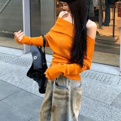 Lunivop Vintage Backless Pleated Orange Casual Long Sleeve Women Autumn New Streetwear Sexy Slim All Match Knitted Tops