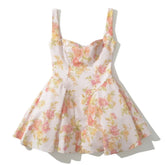 Lunivop Sweet Pink Flower Print V Collar Sling Dress Women Corset Style Low Waist Folds Hem Ball Gown Swing Short Dresses Mini Tank Robe