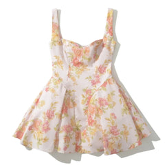 Lunivop Sweet Pink Flower Print V Collar Sling Dress Women Corset Style Low Waist Folds Hem Ball Gown Swing Short Dresses Mini Tank Robe