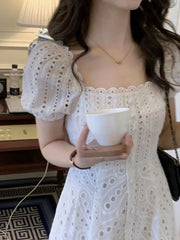 Lunivop Summer White Midi Dress Hollow Out For Women Elegant Square Collar Puff Sleeve French Kawaii Vestidos Korean Chic Dresses Mujer