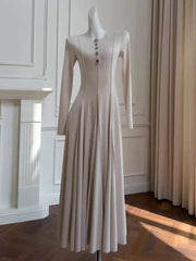 Lunivop Women's Elegant Stretch Knit Dresses O Neck Long Sleeve Sliming Pleated Hem Maxi Dress 2025 Autumn New Clothing