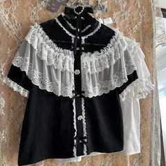 Lunivop Lolita Fairy Japanese Shirts & Blouses Kawaii Cuteore Camisa Feminina Black White Lace Tops Mujer Blusas Рубашка Mujer