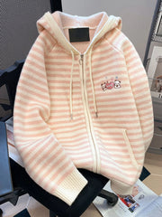 Lunivop Pink Striped Sweet Cardigan Women Cute Cartoon Long Sleeve Knitted Sweaters Vintage Kawaii Preppy Style Japan Pockets Tops Coats