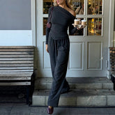 Lunivop Autumn Winter Wide Leg Pants Set Women Fashion Casual Skew Collar Full Sleeve Pullover Slim Tees+Trousers Solid Daily Streetwear