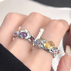 Lunivop Korea Colorful Stone Oil Drip Rhinestone Trendy Geometry Rings For Women Heart Star Girls Y2k Jewelry Gifts