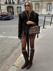 Lunivop Retro Faux Fur Collar Suede Short Coats Women Elegant Lapel Lace Up Long Sleeved Jackets Lady Autumn Solid High Street Outwear