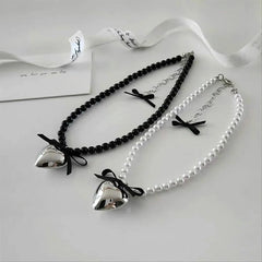 Lunivop New Trendy Simple Black Ribbon Bow Silver Heart Pendant Pearl Necklace for Women Niche Design Imitation Pearl Party Jewelry