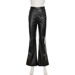 Lunivop Black PU Leather Slim Flare Pants Zippers High Waist Peach Hips Stretch Boot Cut Skinny Trousers Women Fashion Casual Streetwear