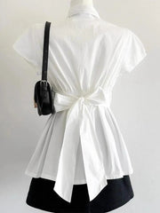 Lunivop Elegant Bow Women Shirts Summer Short Sleeve White Preppy Style Blouse Tunic Bandage Simple Solid Korean Ladies Tops New